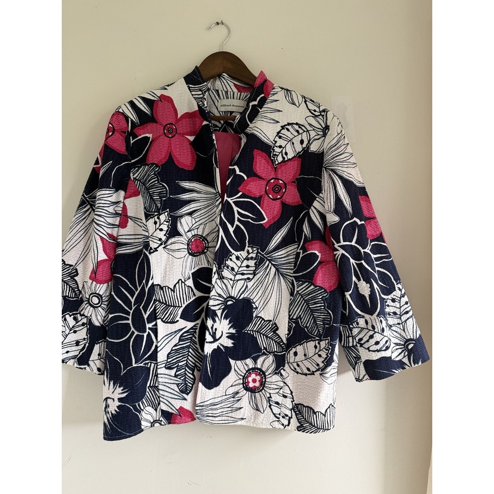 Alfred Dunner Womens 18 Floral Blazer 100% Cotton Pink Navy White Textured